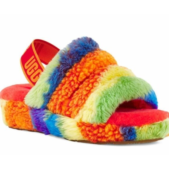 UGG Woman's Fluff Yeah Rainbow Stripe Cali Collage Slide Slippers EU 37 US 6 - Picture 1 of 7